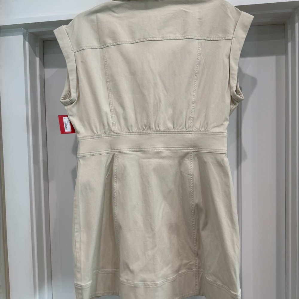 Spanx Stretch Utlity Twill Button-Up Short Sleeve Stretch Cream Mini Dress - Picture 4 of 7
